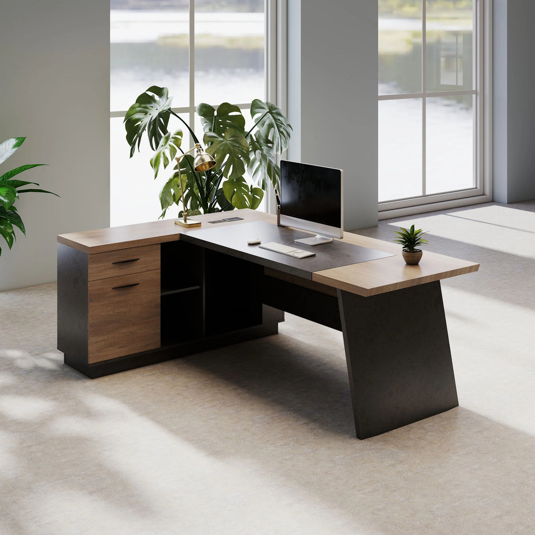 78.74 Inches L-Shape Executive Desk, Industrial Wood Desk with Cabinet Drawer Storage Shelves