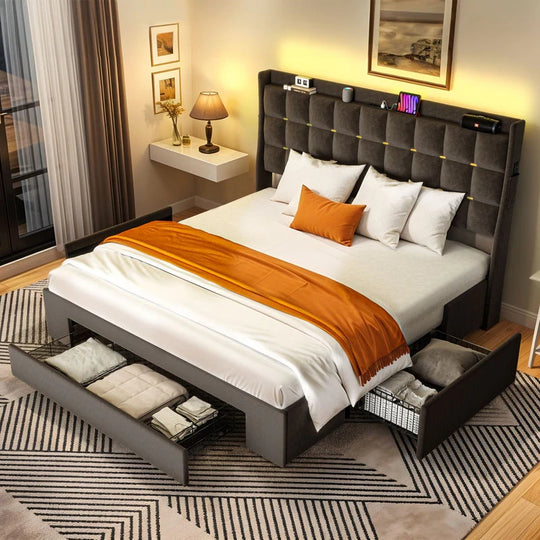 Queen/King Size Velvet Upholstered Bed with Charging Station and Storage Drawers