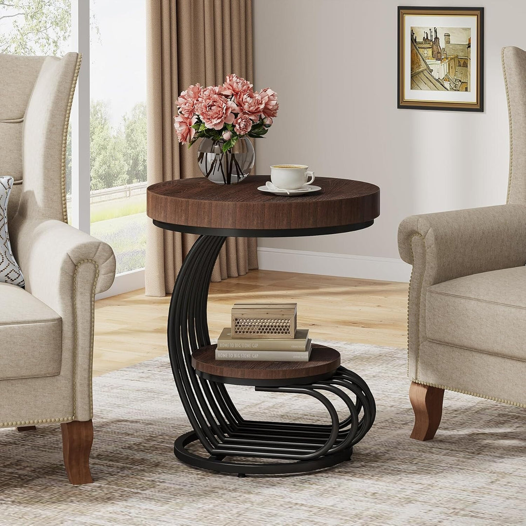 2 Tiers round End Table with Shelf Storage, Arc-Shaped Side Sofa Table