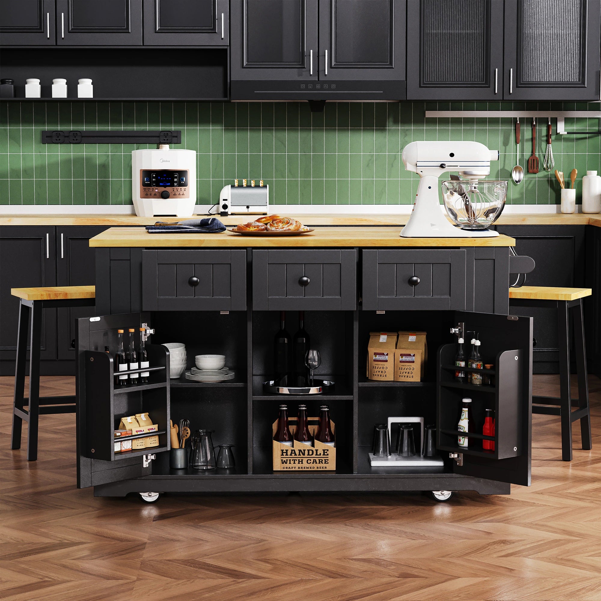 Large Kitchen Island with Drop Leaf,Power Outlet,Door Internal Storage Rack,3 Drawers(Not Include Bar Stools)