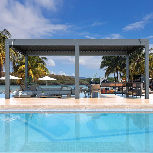 Outdoor Louvered Pergola Gazebo with Adjustable Aluminum Rainproof Roof and Pull-Down Screen