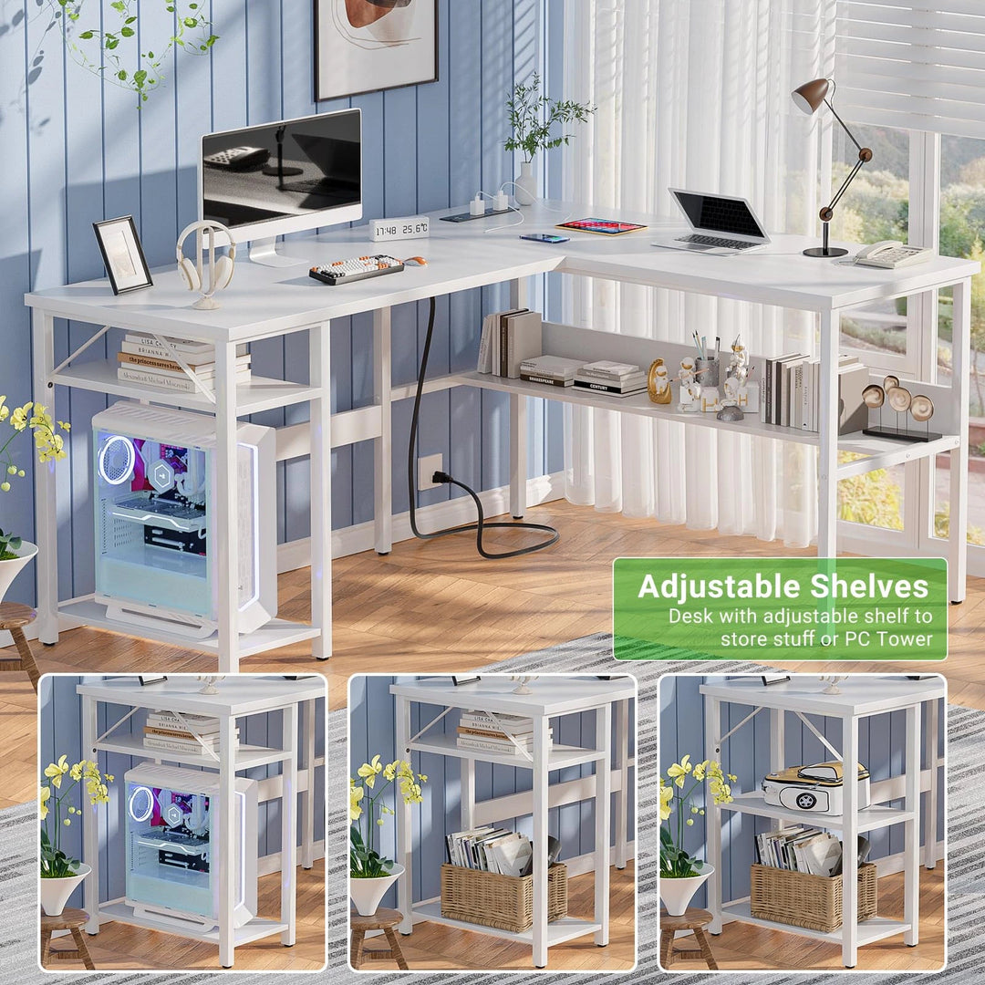 Reversible L Shaped Desk with Storage Shelves, Home Office Corner Desk with Charge Station