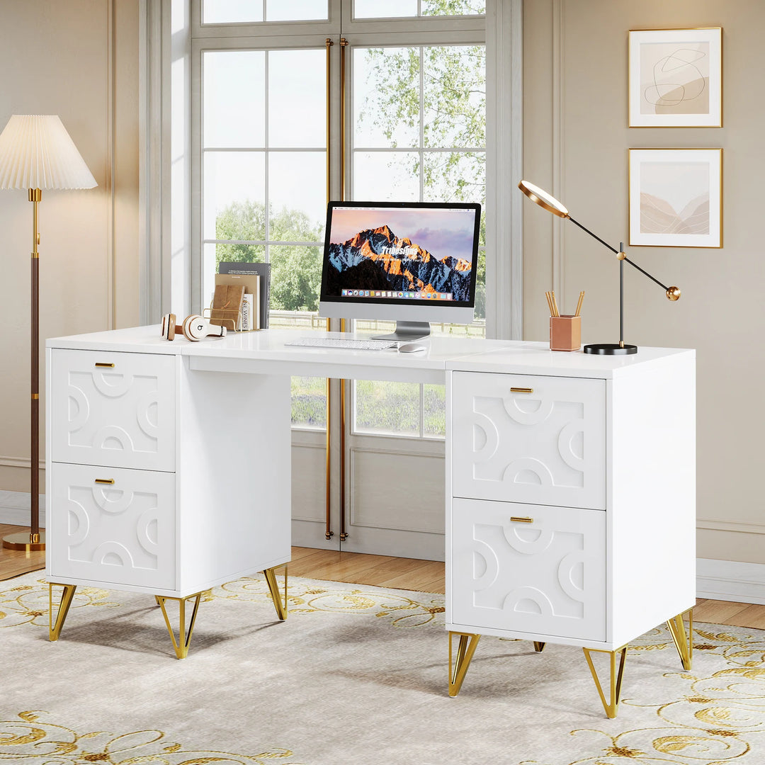 White Computer Desk with File Drawers, 59'' Modern Home Office Desk