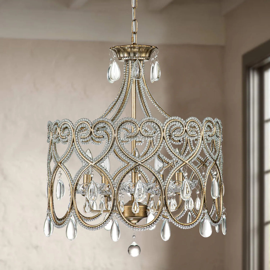 5-Light Mid-Century Glam Antique Distressed Gold, Cylinder, Drum Crystal Chandelier for Dining Room