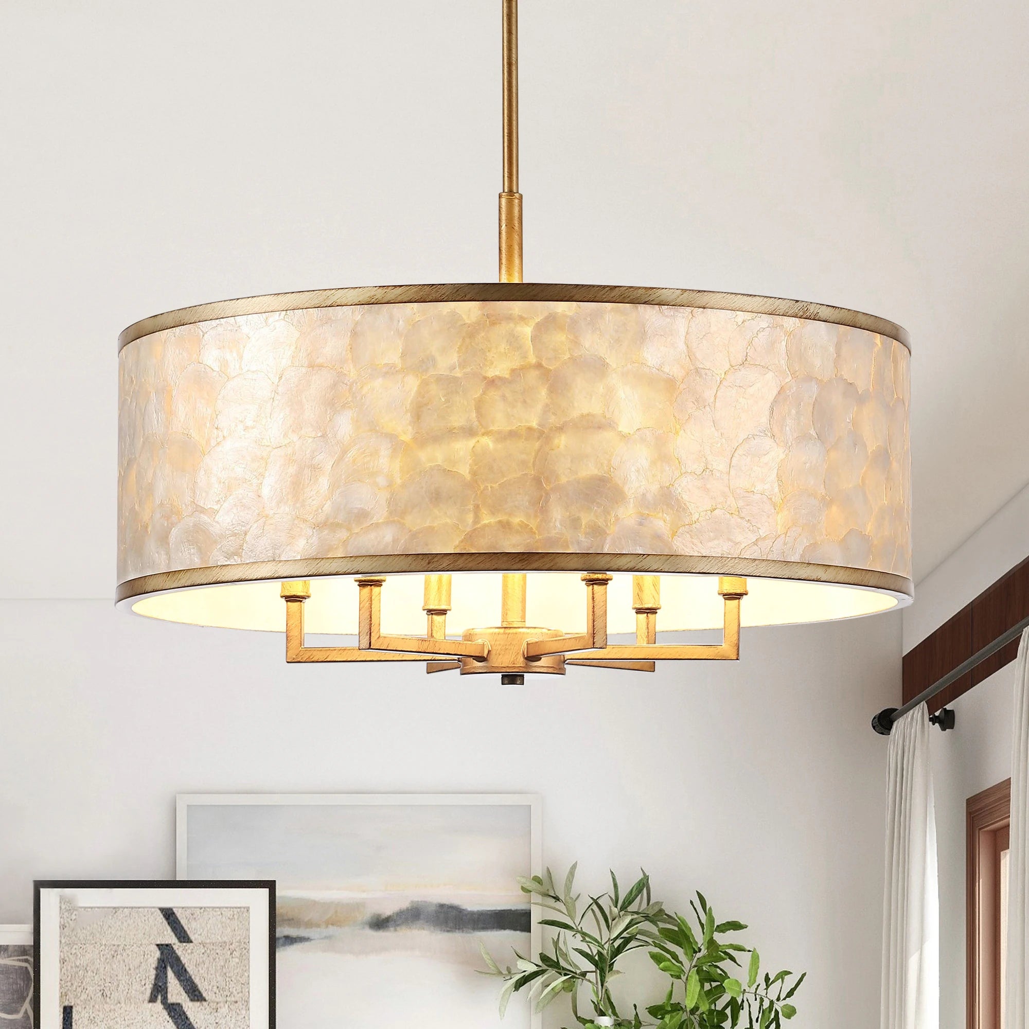 Getledel 24-Inch 6-Light Capiz Shell Drum Chandelier