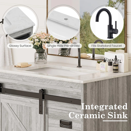 Farmhouse Bathroom Vanity with Ceramic Top and Sliding Barn Door Sink Cabinet, Rustic Single Sink Vanity