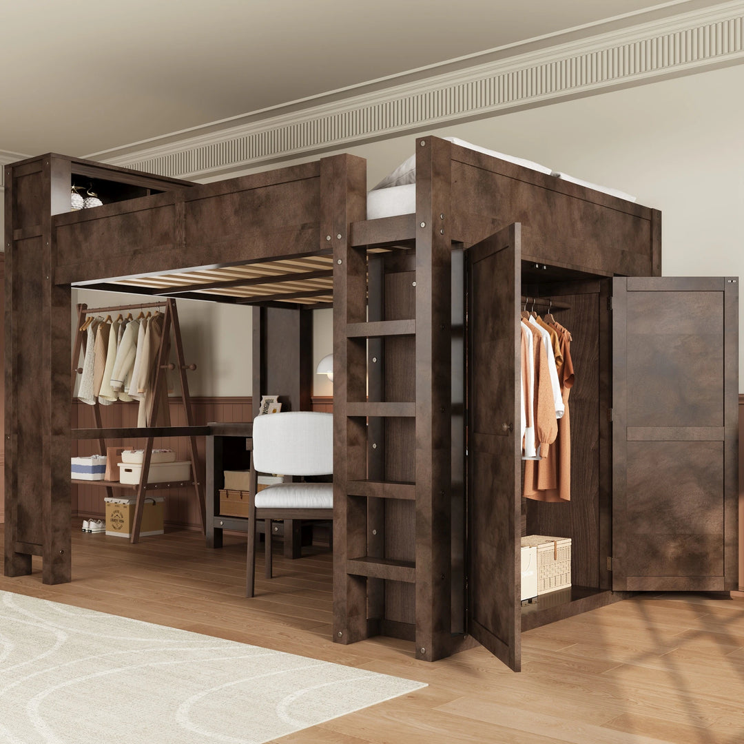 Heavy-Duty Loft Bed Queen Size Loft Frame with Wardrobe Desk USB