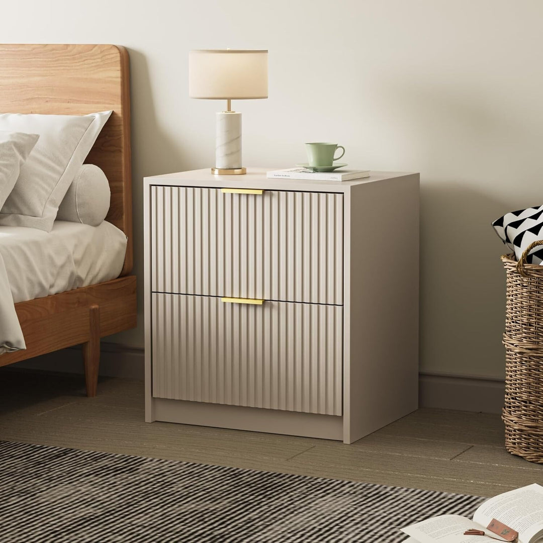 Set of 2 Fluted Nightstand with 2 Drawers, Modern Storage Bedside Table Wooden End Table for Bedroom