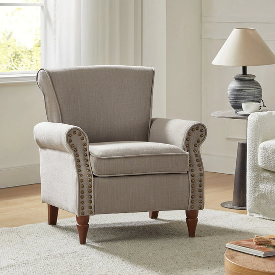 Nyctelius Upholstered Comfy Accent Chair with Turned Wooden Legs and Nailhead Trim Set of 2 by