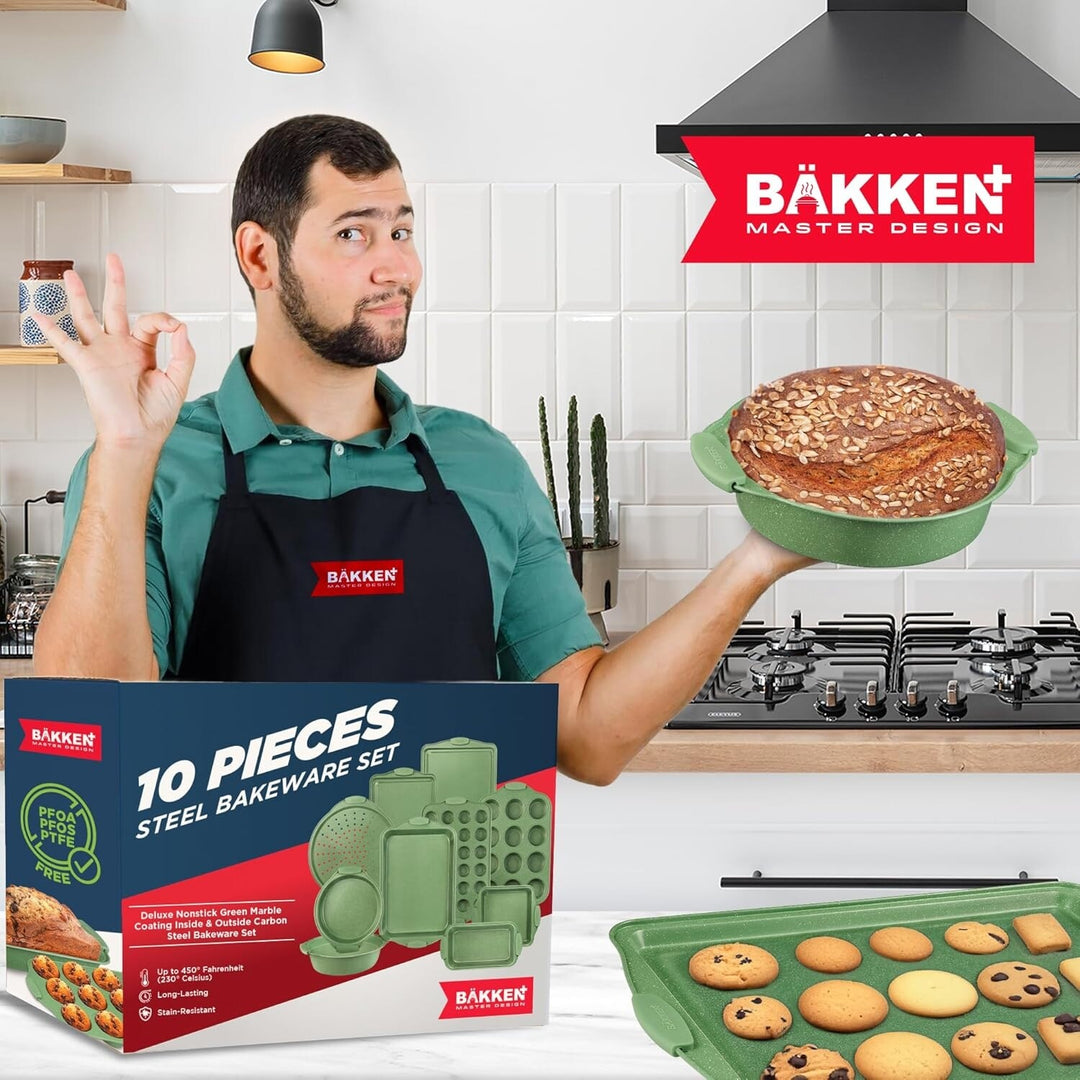 BAKKEN Kitchen Baking Pan Set - Nonstick Green Marble Coating, Carbon Steel Bakeware Sets with Green Silicone Handles,