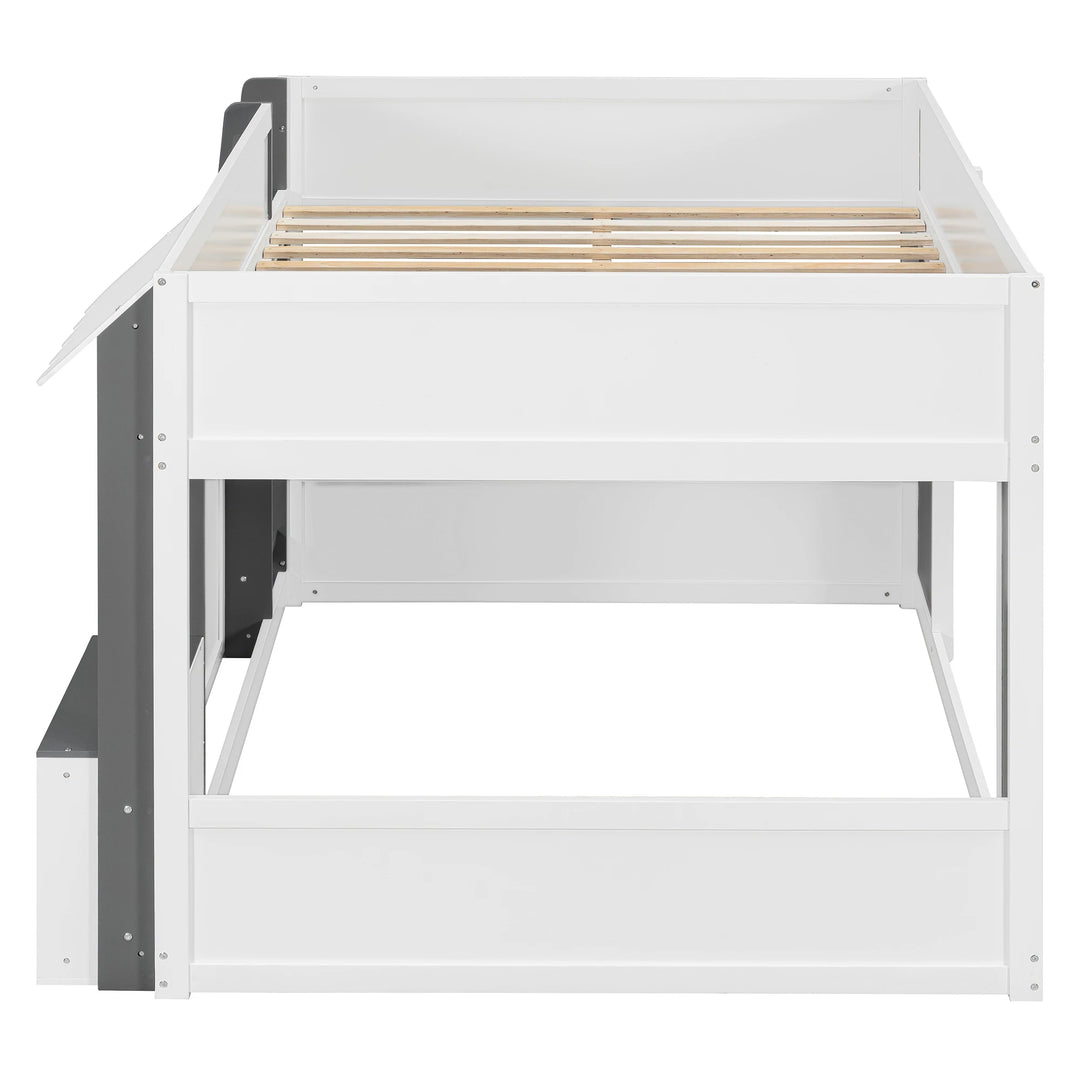 Full Loft House Bed with Playhouse Storage Modern Wood Cabin Bed for Kids