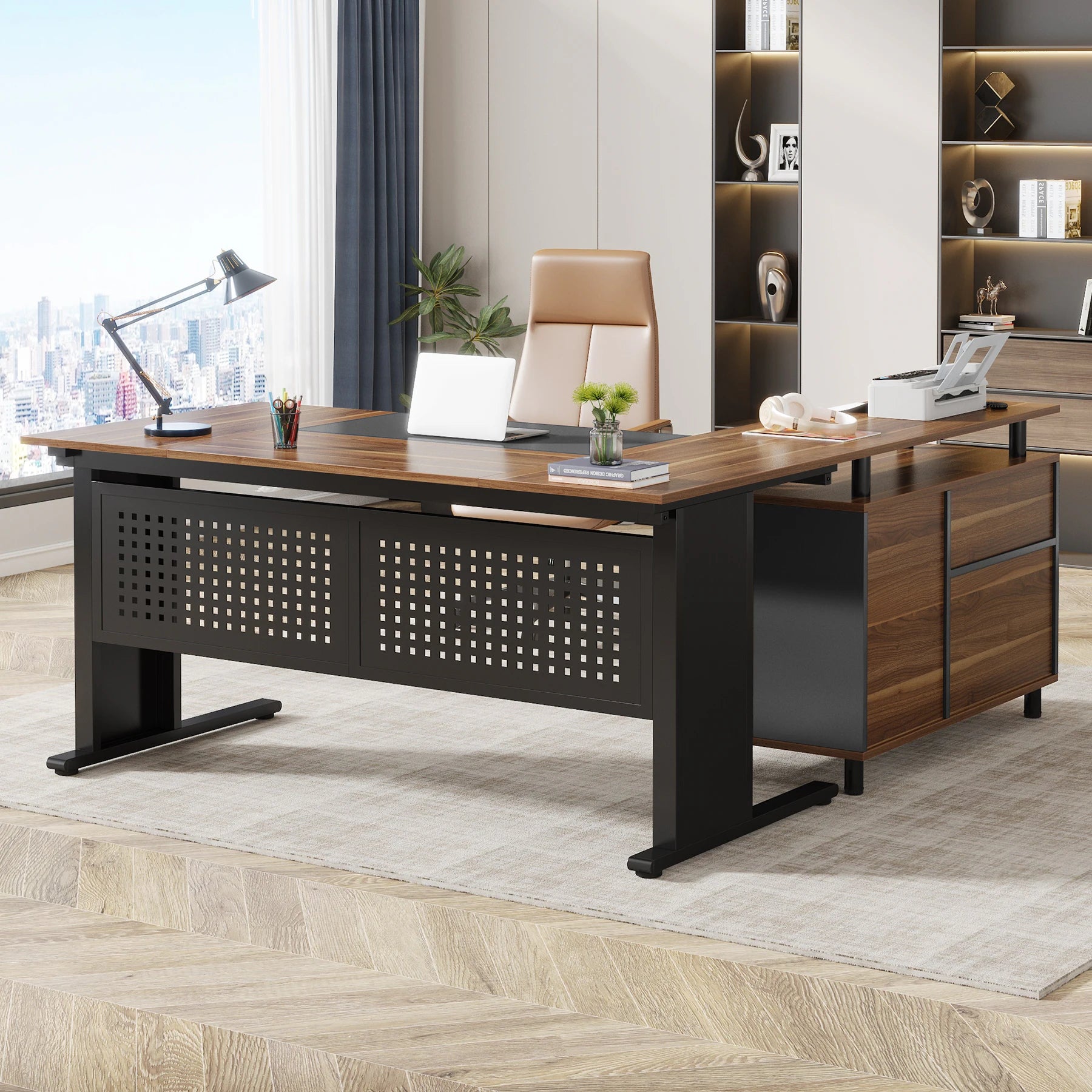 63 Inch Executive Desk with File Cabinet, Large Office Desk L Shaped Desk