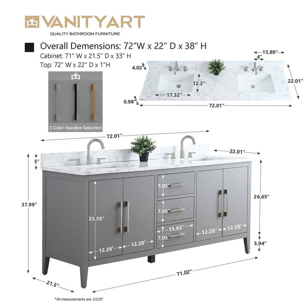 72" Double Sink Bathroom Vanity Cabinet with Engineered Marble Top