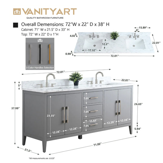 72" Double Sink Bathroom Vanity Cabinet with Engineered Marble Top