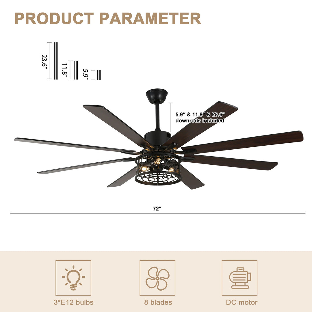 72" Rustic Large Ceiling Fan with Light and Remote 6-Speed 3-Light Farmhouse Metal Caged Black Ceiling Fan