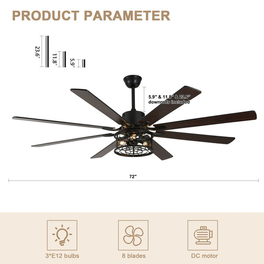 72" Rustic Large Ceiling Fan with Light and Remote 6-Speed 3-Light Farmhouse Metal Caged Black Ceiling Fan