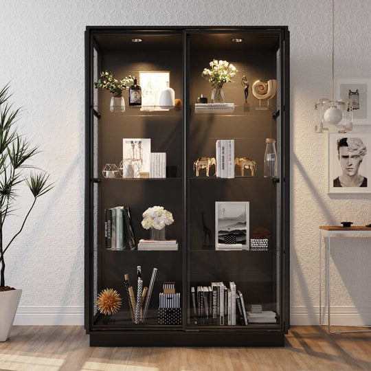 Modern Glass Curio Display Cabinet 4 Tier Display Case with Lights & Doors