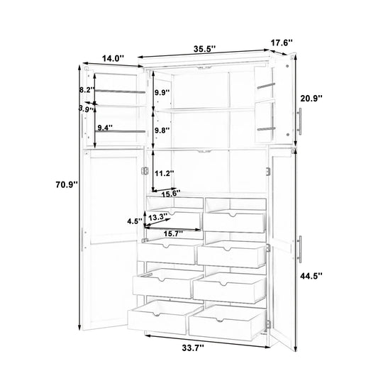Tall Kitchen Pantry Cabinet with Pull-Out Trays - 35.5" 4-Door Storage Unit, Adjustable Shelves for Dining Room