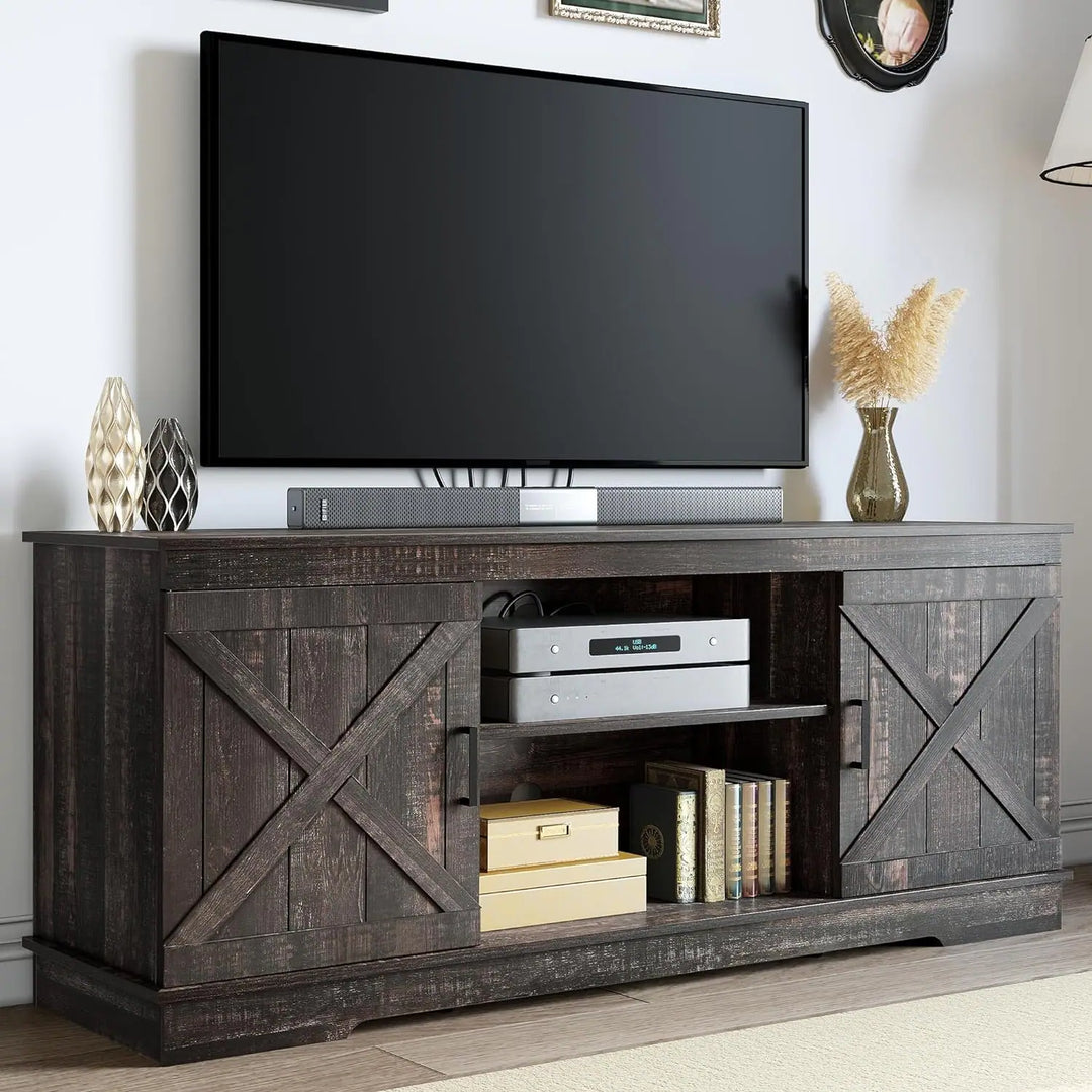 Farmhouse TV Stand with Barn Door Media Console Entertainment Center with Storage Cabinets