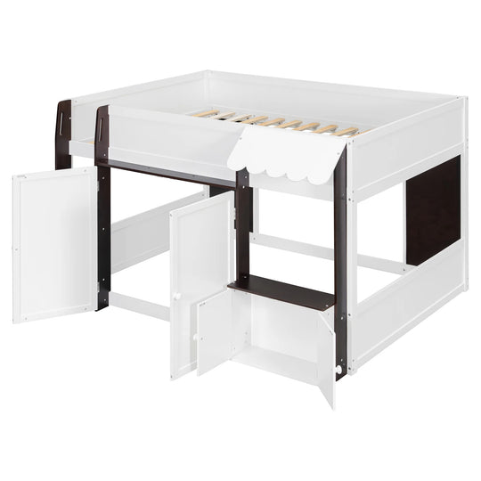 Full Loft House Bed with Playhouse Storage Modern Wood Cabin Bed for Kids