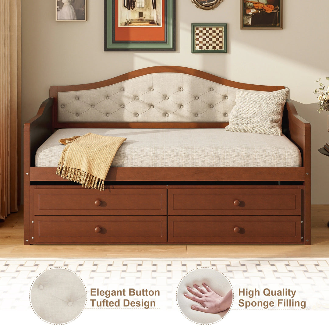 Twin Daybed with Trundle, Twin Size Daybed with 2 Storage Drawers, Wooden Sofa Bed with Upholstered Button Tufted Backrest
