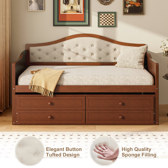 Twin Daybed with Trundle, Twin Size Daybed with 2 Storage Drawers, Wooden Sofa Bed with Upholstered Button Tufted Backrest