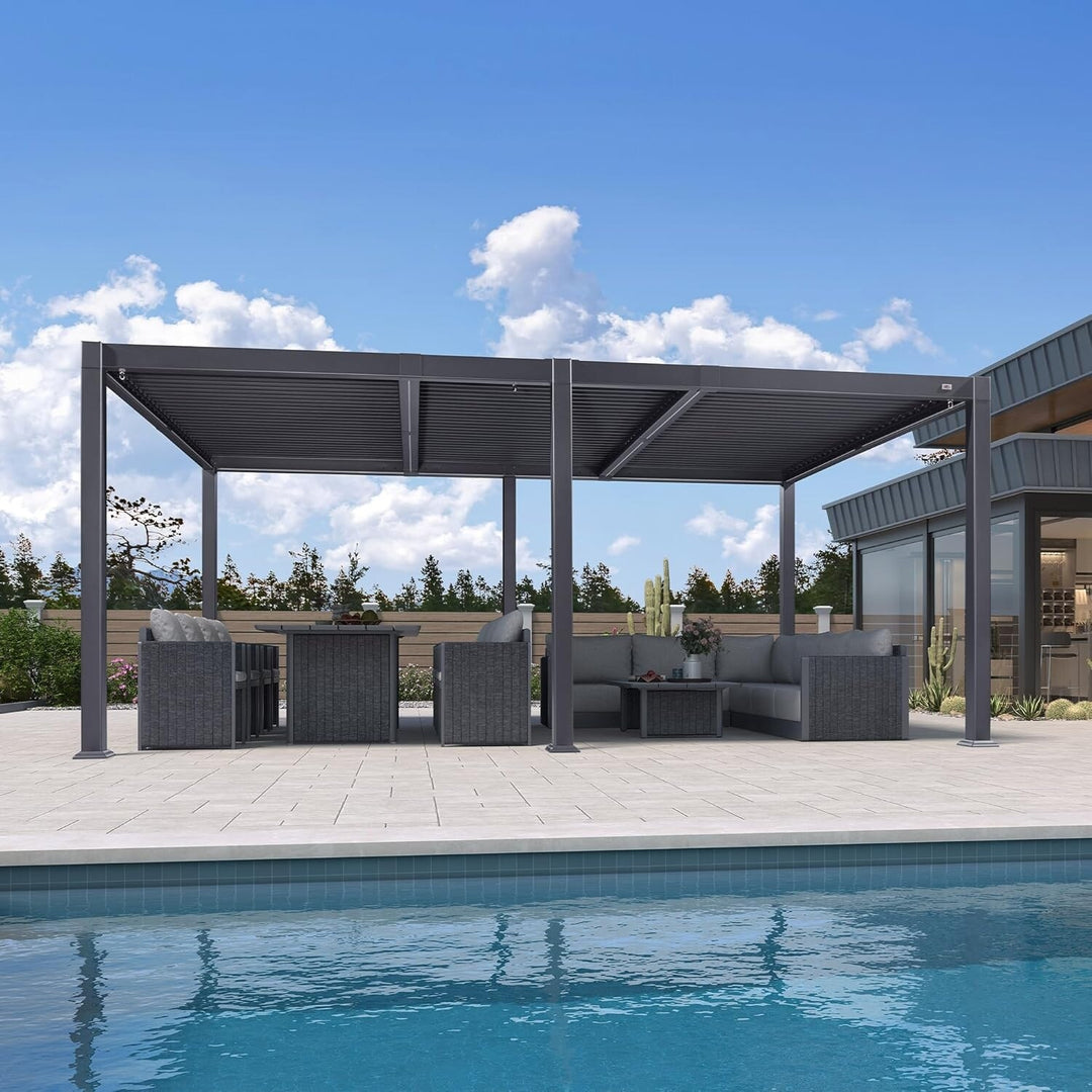 Solar Louvered Pergola with LED String Lights Aluminum Outdoor Pergola with Adjustable Roof for Patio Garden