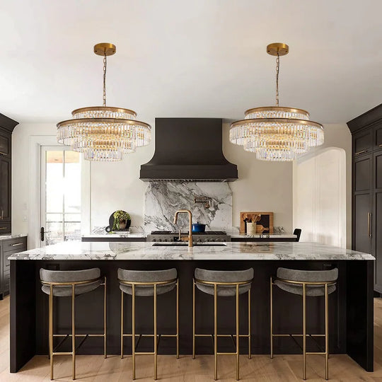 32 In. Drum Modern Crystal Chandelier 4-Tier Gold Brass Kitchen Island Pendant Light for Dining Room