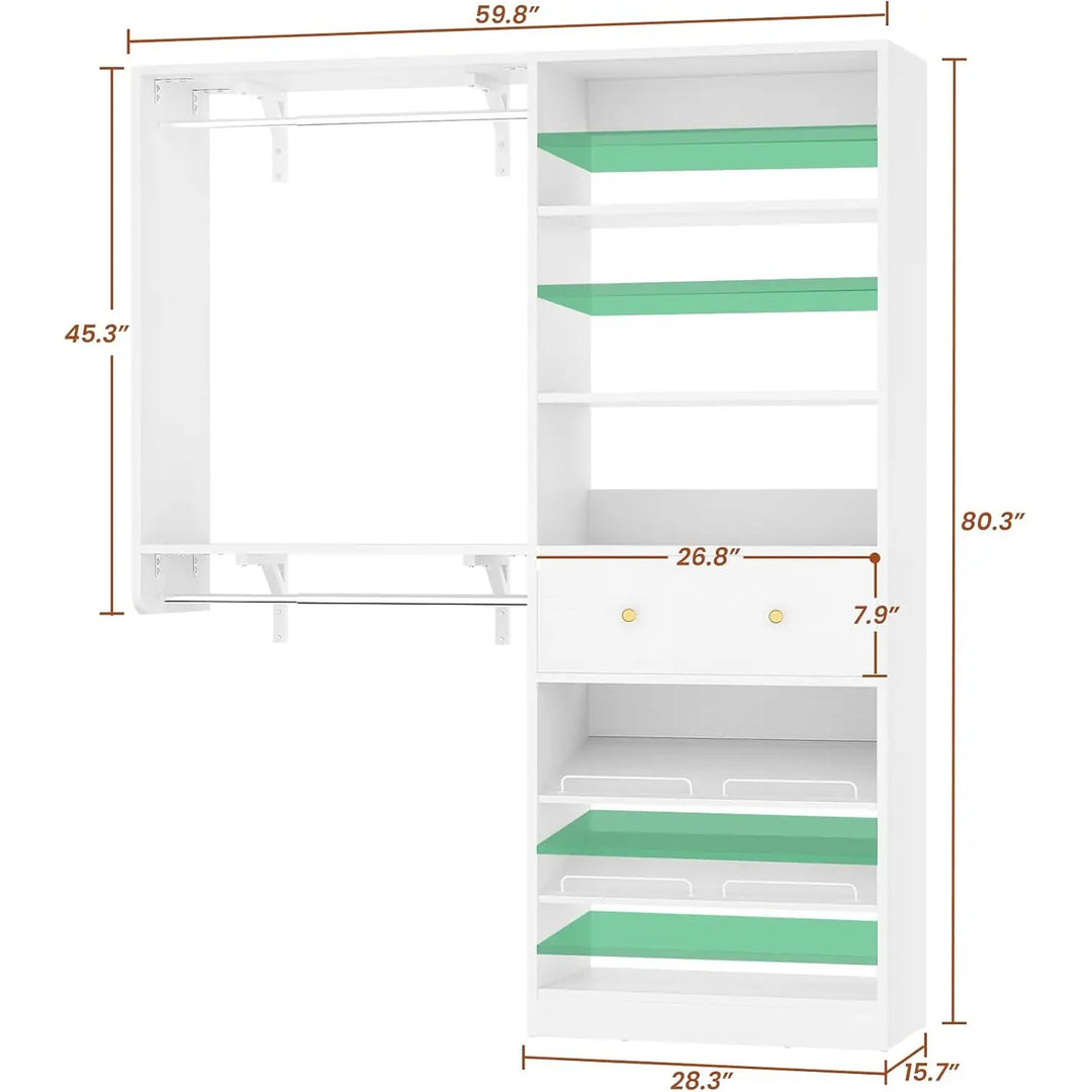 5FT Closet System with 2 Hanging Rods and Wooden Drawer, Walk-In Closet Organizer with 2 Wing Shelve and Adjustable Rack Shelves
