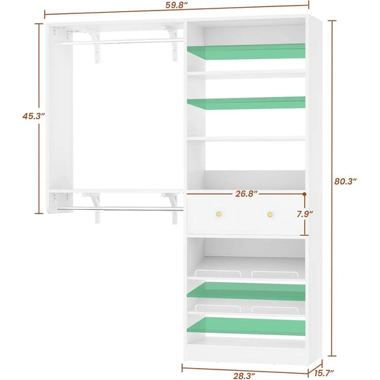 5FT Closet System with 2 Hanging Rods and Wooden Drawer, Walk-In Closet Organizer with 2 Wing Shelve and Adjustable Rack Shelves