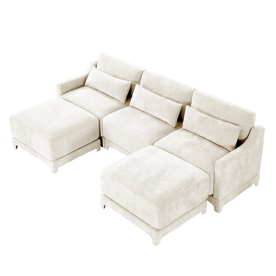 Modern Chenille 4-Seater Sofa with 2 Ottoman, Lumbar Cushions, Ergonomic Backrest, High-Resilience Spongeand Tufted Armrests
