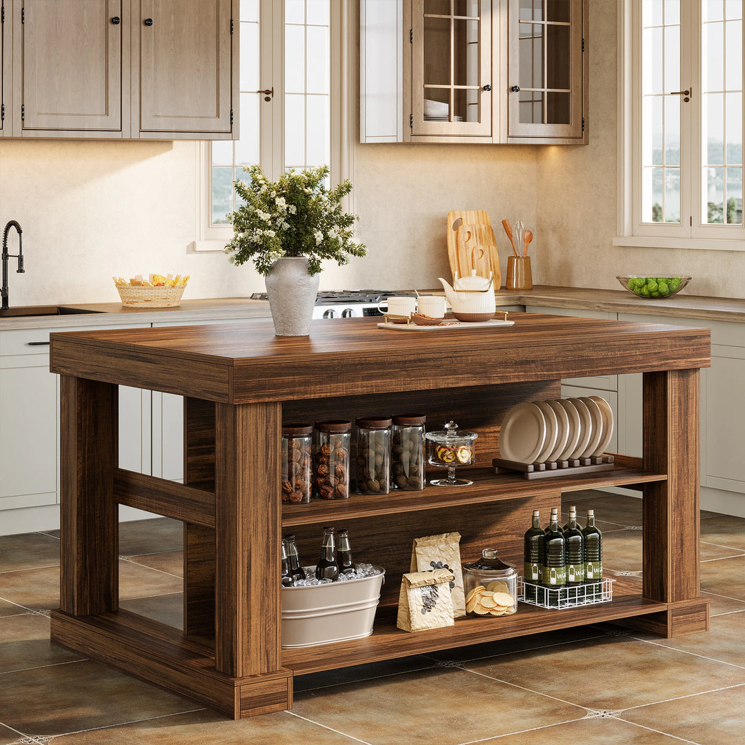 55-Inch Stationary Kitchen Island with Storage Shelves and Large Worktop, Farmhouse Style, Light Brown