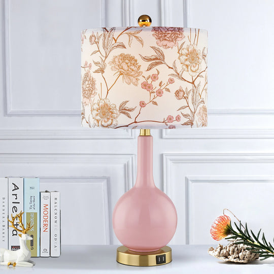 Pink Ceramic Table Lamp with Dimmable Touch Control and Dual USB Charging Ports