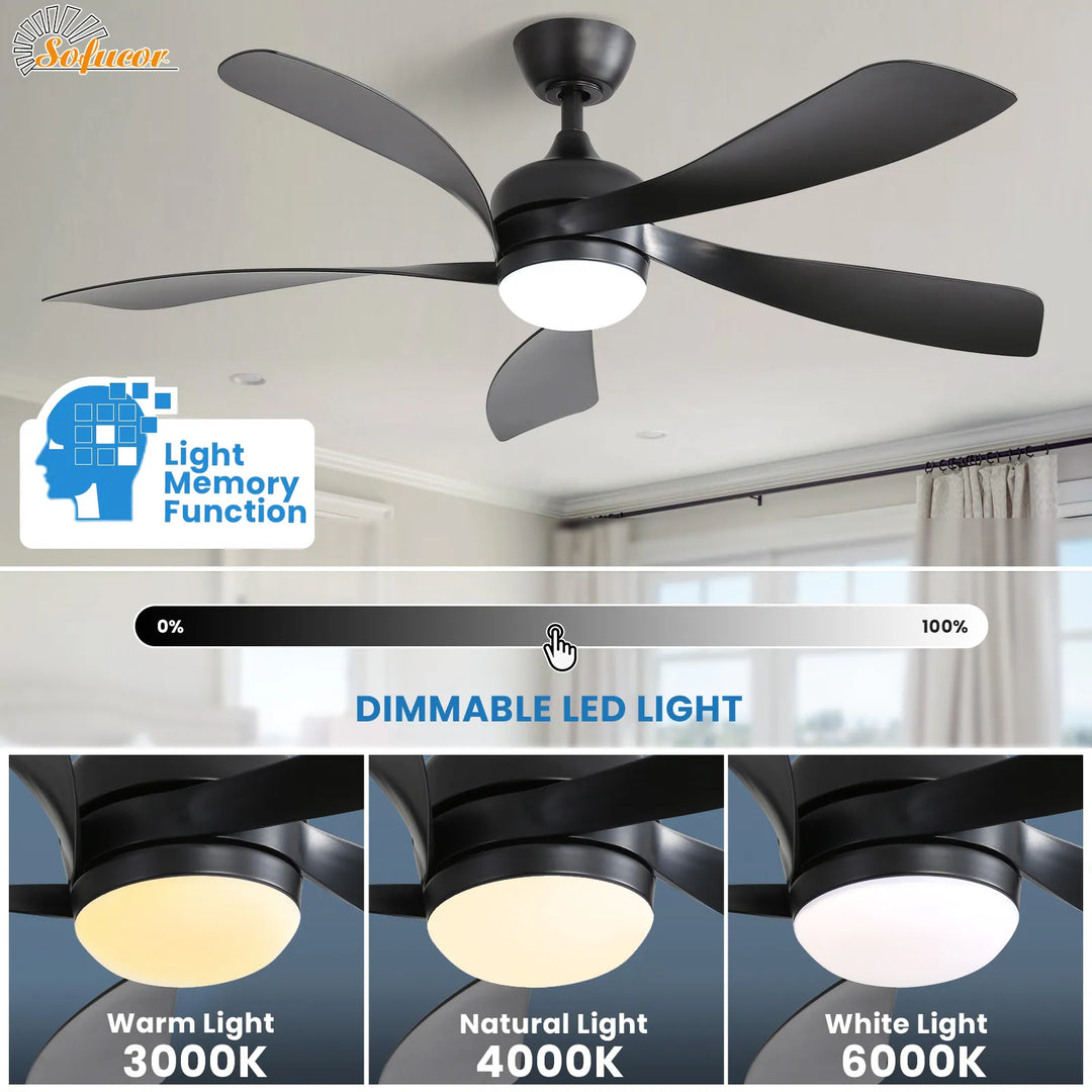 Sofucor 45/52 Inch Ceiling Fan with Remote & Lights Quiet DC Motor 5 Blade High CFM Modern Fan