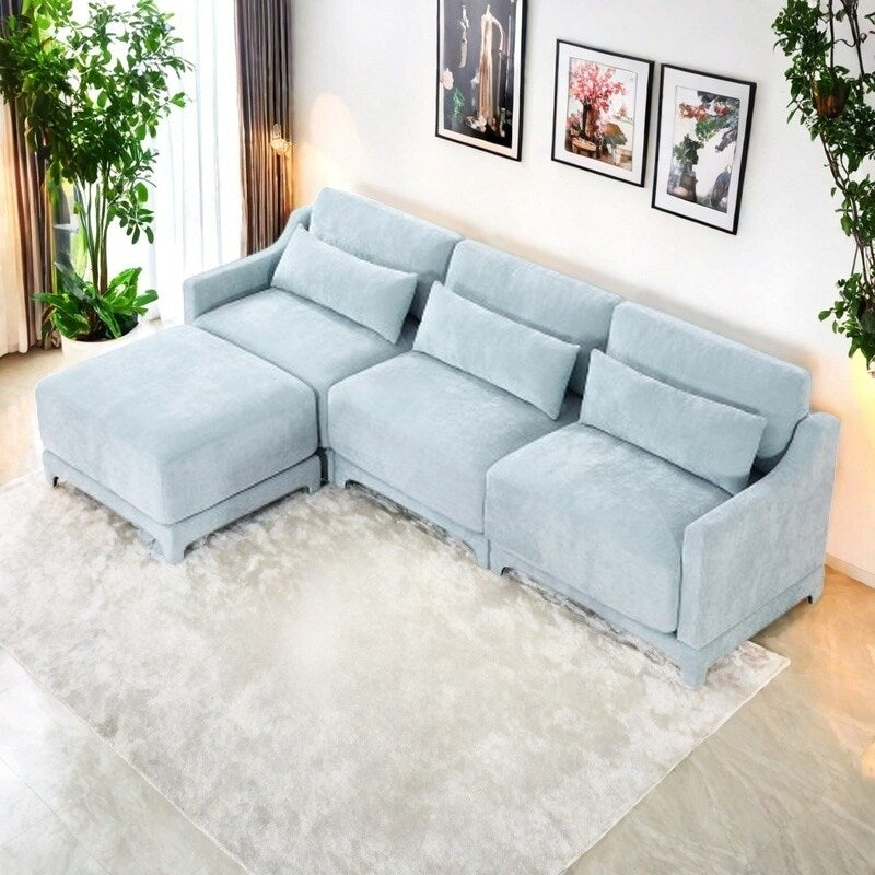Modern Chenille 4-Seater Sofa with 2 Ottoman, Lumbar Cushions, Ergonomic Backrest, High-Resilience Spongeand Tufted Armrests