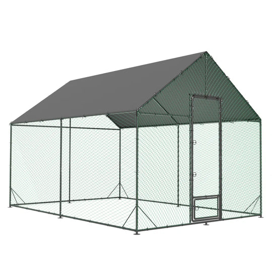 Upgraded Anti-Rust Metal Chicken Coop with Run Walkin Poultry Cage Habitat with Feeding Door, Waterproof and Snow /Rain Accumulation Prevent Cover for Backyard Farm Garden