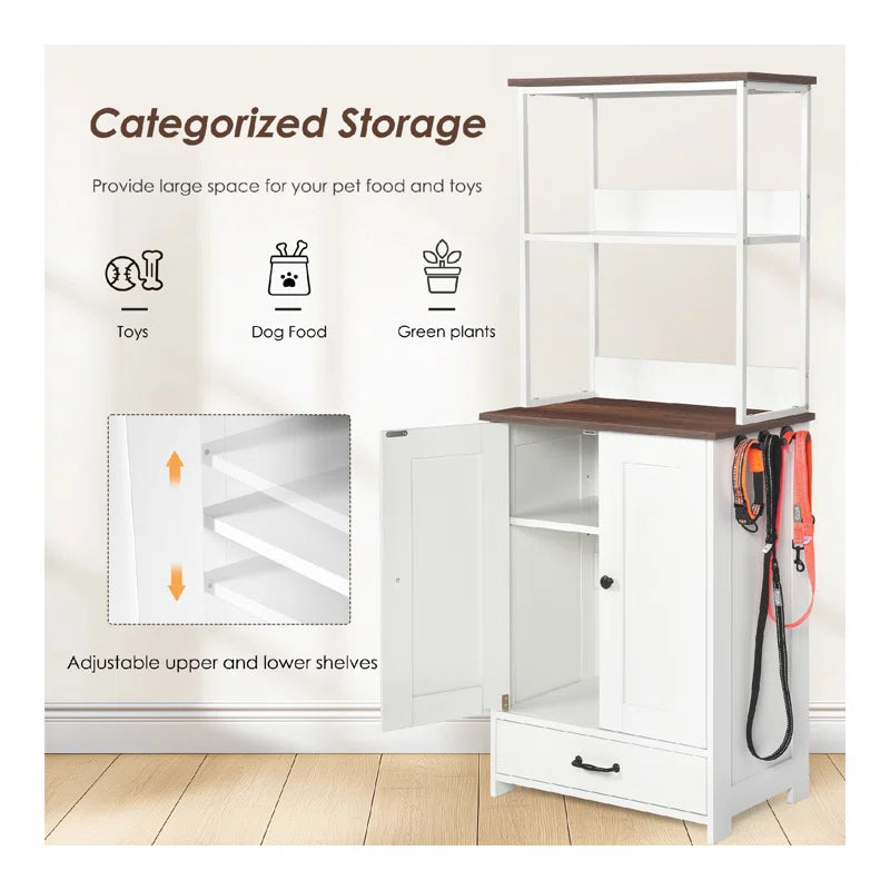 Pet Feeding Station with Bowls, Adjustable Panel, Dog Feeding Station with Storage, Pet Feeder Station for Dogs Cats for Feeding & Watering Supplies,Dog Feeding Station with 2-Level Shelving White