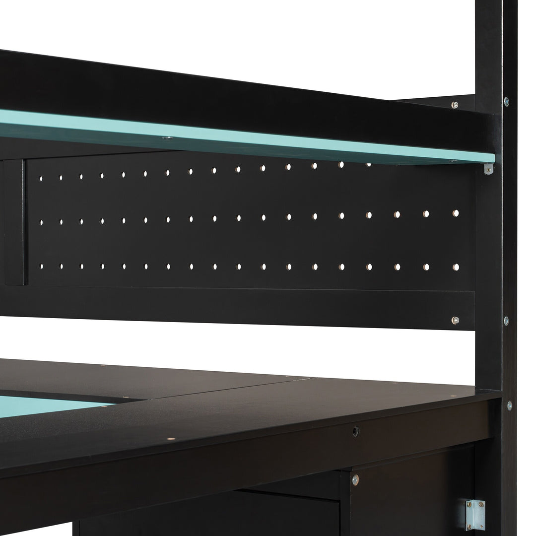 Full Size Wooden Gaming Loft Bed with Storage Stairs, Desk, Shelves and Pegboard