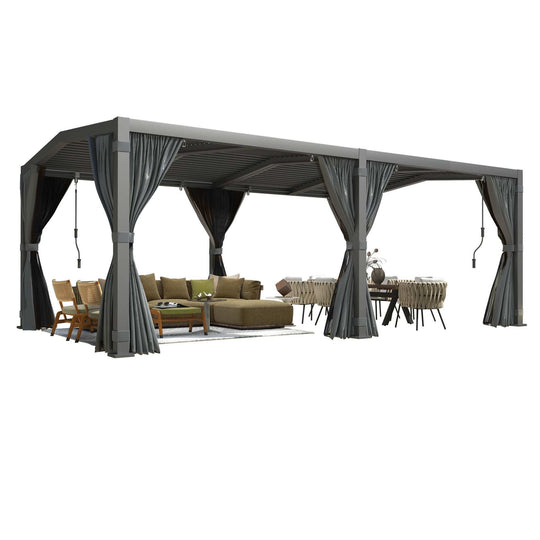 12X20 Louvered Pergola,Dark Grey Aluminum Frame with Adjustable Rainproof Roof, Featuring Waterproof Curtains and Nets