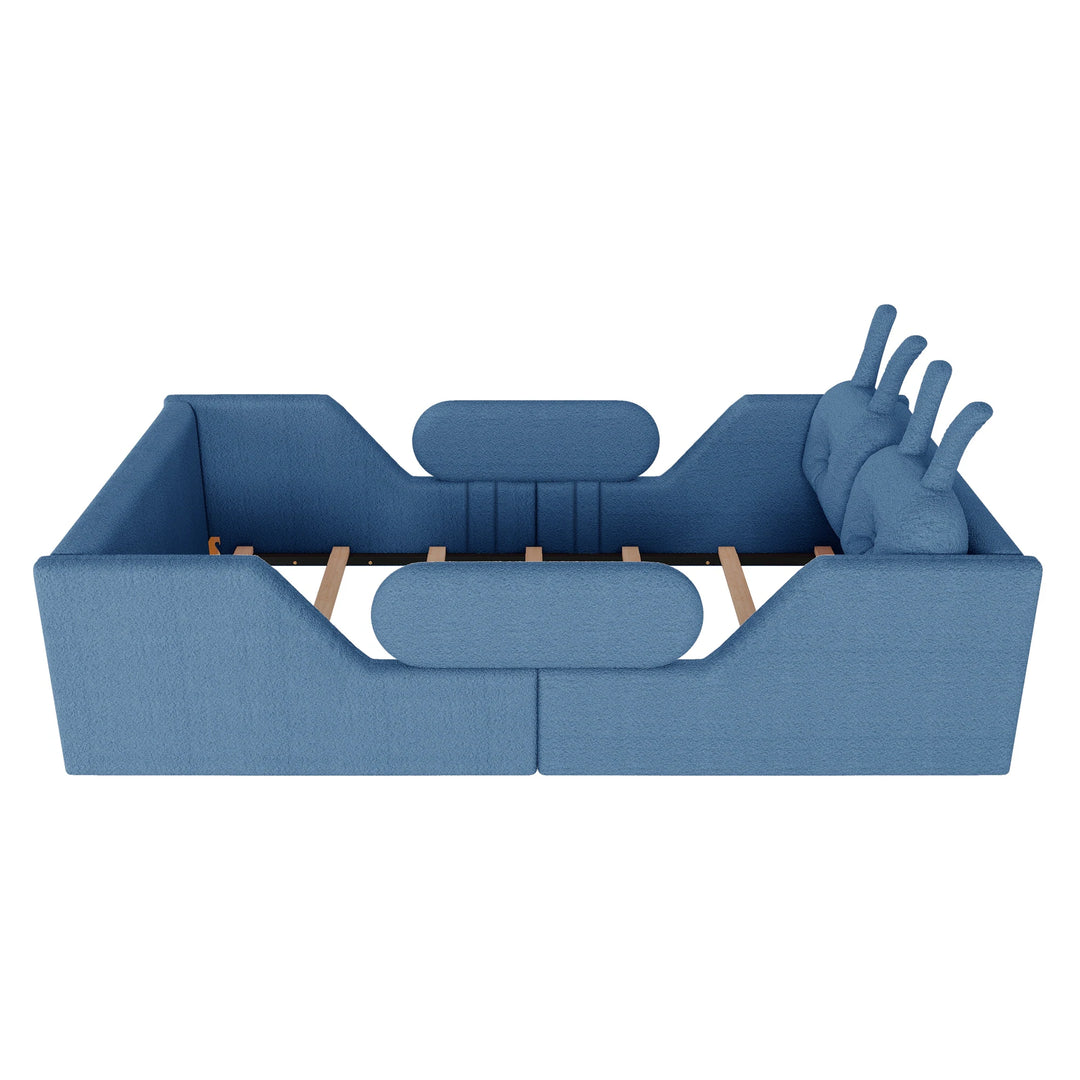 Twin Size Upholstered Platform Bed with Rabbit Cushion, Floor Upholstered Bed with Removable Side Rails