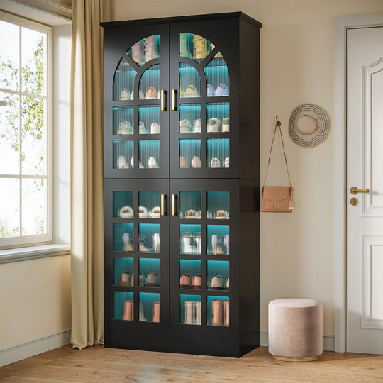 35 Pairs Tall Shoe Storage Cabinet with Doors, 8 Tiers Shoe Rack Organizer with LED Light and Adjustable Shelves for Entryway