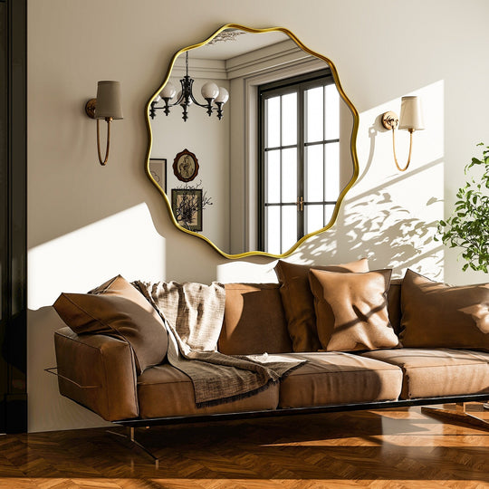 Round Wavy Bathroom Mirror Deep Frame Decorative Mirror Wall-Mounted