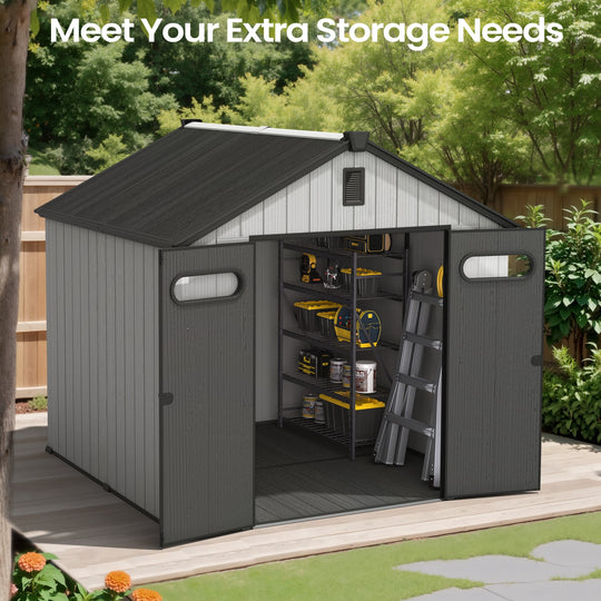 8X8/8X10/8X12 FT All-Weather Outdoor Resin Lockable Storage Shed with Windows Floor for Patio Furniture and Tools