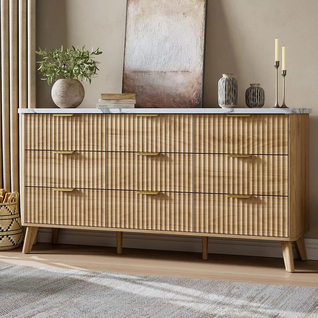 Fluted 9-Drawer Dresser, 60.6" Wide Modern Wooden Chest with Curved Design, Dresser TV Stand for Living Room, Walnut