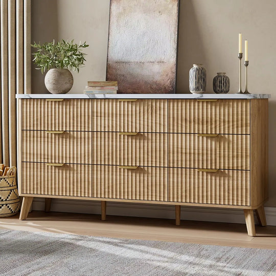 Fluted 9-Drawer Dresser, 60.6" Wide Modern Wooden Chest with Curved Design, Dresser TV Stand for Living Room, Walnut