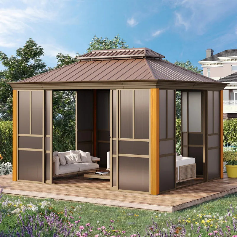 Outdoor Hardtop Sunroom Gazebo with Double Roof & Sliding Doors, All-Season Aluminum Outdoor Pergola, PE Screens&Lockable Design