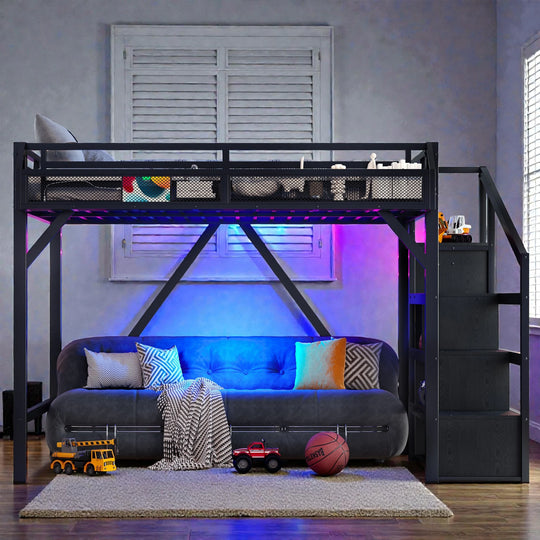 Metal Loft Bed with Storage Stairs, Built-In Wardrobe, Shelves, USB Ports, LED Lights & Noise-Reduced Frame