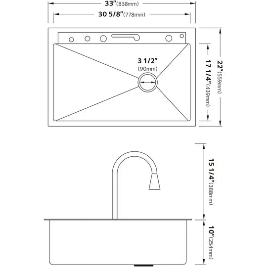 New 33"X22" Stainless Steel Waterfall Kitchen Sink with Temperature Display in Fahrenheit, Pull-Down, KS2206L-PRO