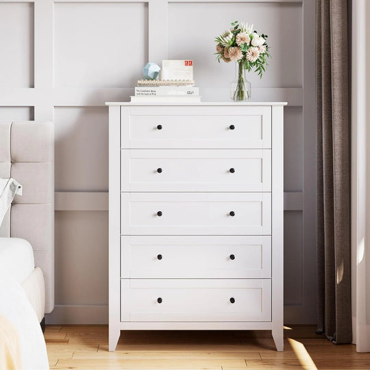 Modern Bedroom Nightstand with 5 Drawers & Metal Handles - Multifunctional Storage Cabinet,Easy Assembly for Living Room