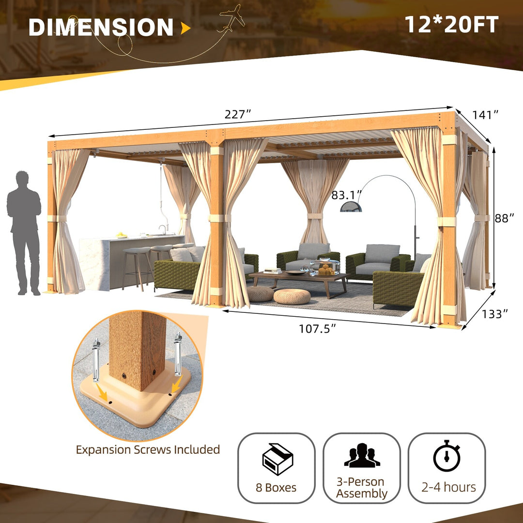 Outdoor Louvered Pergola Gazebo with Adjustable Aluminum Rainproof Roof and Pull-Down Screen